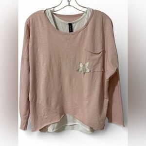 NWT Venti6  Pink 3/4 sleeve Top with Star Detail over White Tank Small